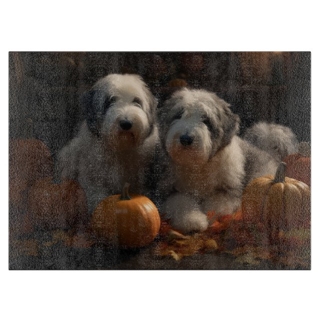 Planche À Découper Vieux anglais Sheepdog Chiot Chiot Automne Citroui (Devant)