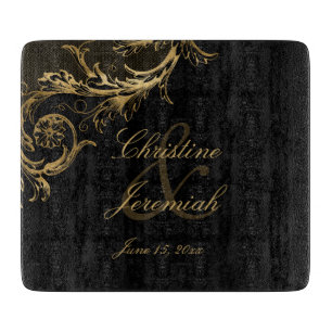 Planche À Découper Vintage Black Gold Floral Damask Script Mariage