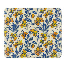 Vintage Yellow Orange Folk Floral Blue Leaf