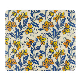 Planche À Découper Vintage Yellow Orange Folk Floral Blue Leaf