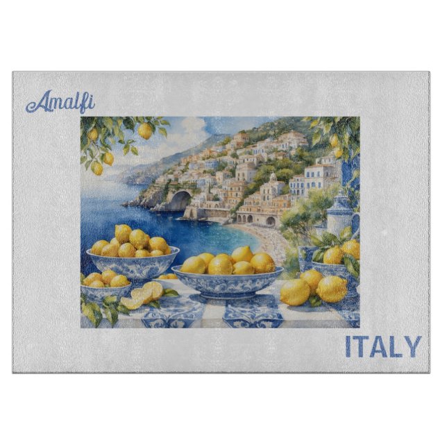 Planche À Découper Voir Italie Côte Amalfi bleu tuiles blanches citro (Devant)