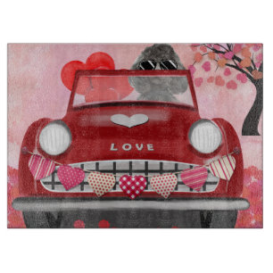 Planche À Découper Voiture de chien caniche avec coeurs Saint-Valenti