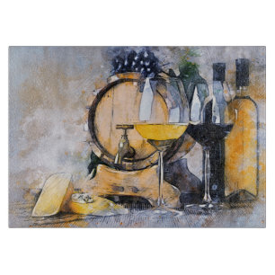 Planche À Découper Watercolor Wine & Cheese Still Life