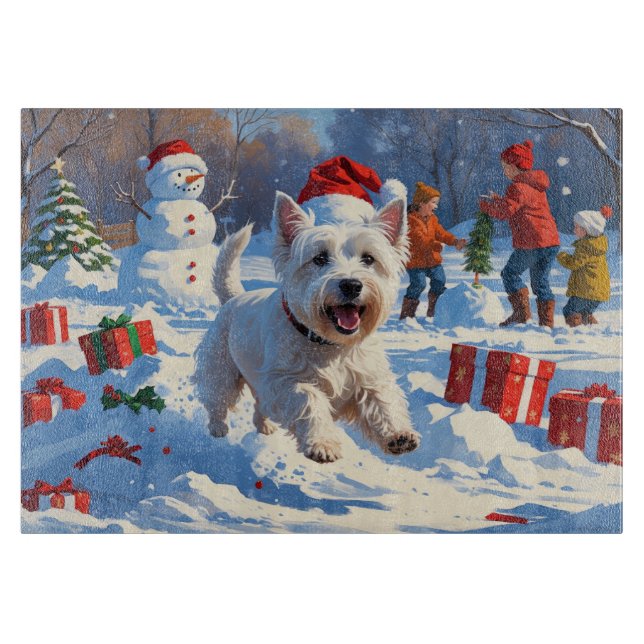 Planche À Découper Westie coule en neige avec le Casquette de Noël (Devant)