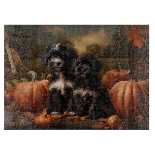 Planche À Découper Yorkipoo Chiot Automne Citrouille délice (Devant)