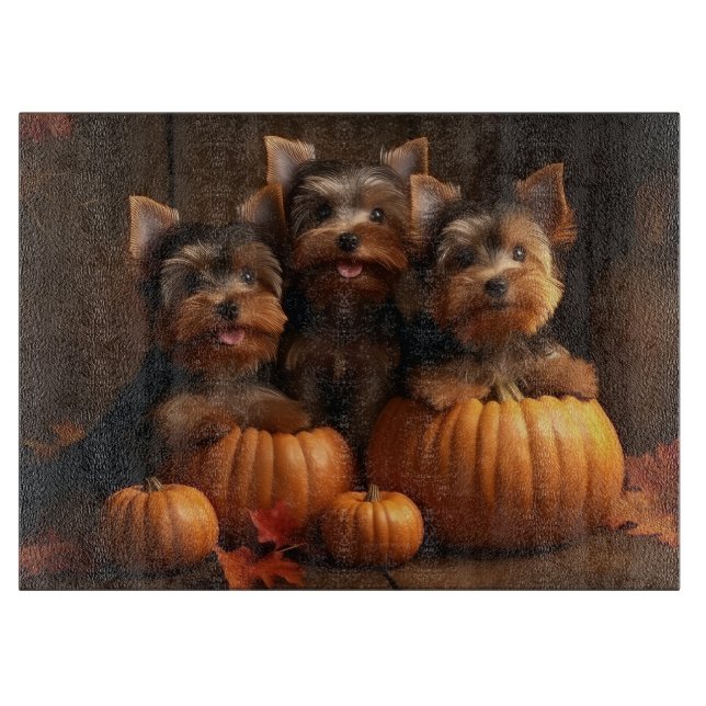 Planche À Découper Yorkshire Terrier Chiot Automne Citrouille délice (Devant)
