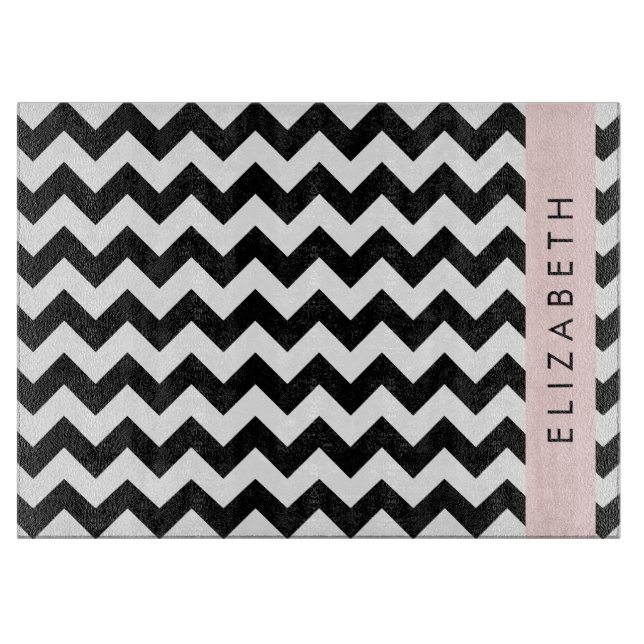 Planche À Découper Zigzag noir et blanc, Motif Chevron, Votre nom (Devant)