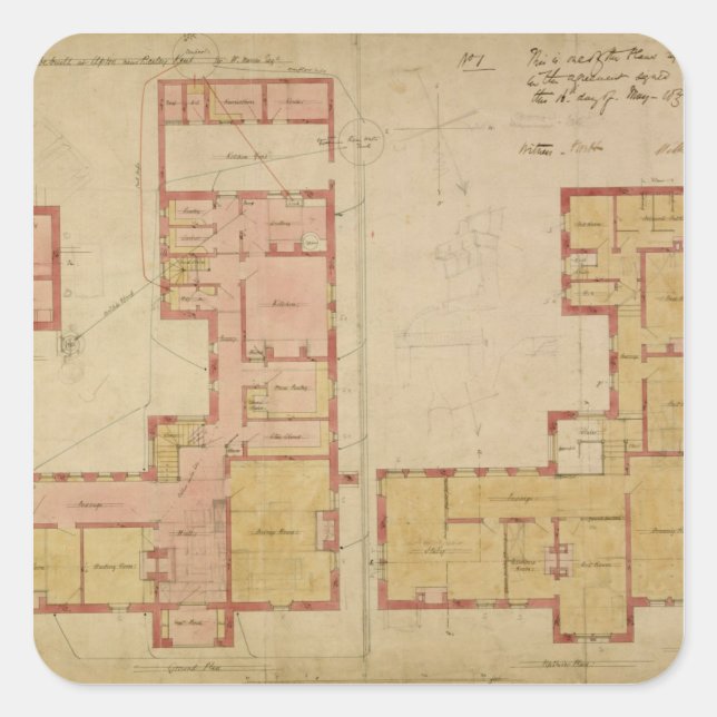 Pläne für das Rote Haus, Bexley Heath, 1859 (Stift Quadratischer Aufkleber (Vorderseite)