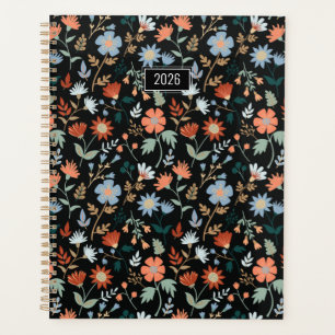 Planer Elegante Blumen Schwarz Orange Blau Floral