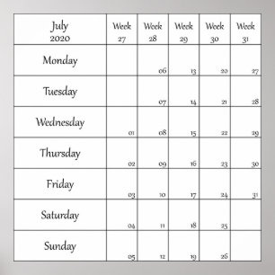 Planerkalender Juli 2020 mit Wochennummer Poster