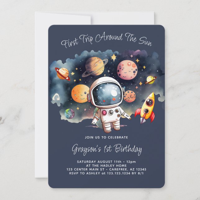 Planet and Rocket First Birthday Einladung (Vorderseite)