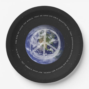 Planet Erde im Weltraum  Johannes 3:16 - FRIEDEN Pappteller