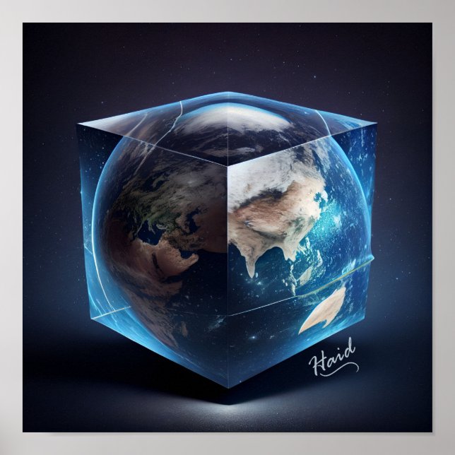 Planet Erde in Form eines Würfels - KI Poster (Vorne)