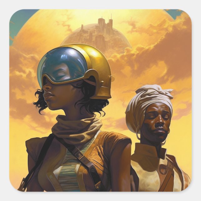 Planet Explorers Afrofuturistische Science Fiction Quadratischer Aufkleber (Vorderseite)