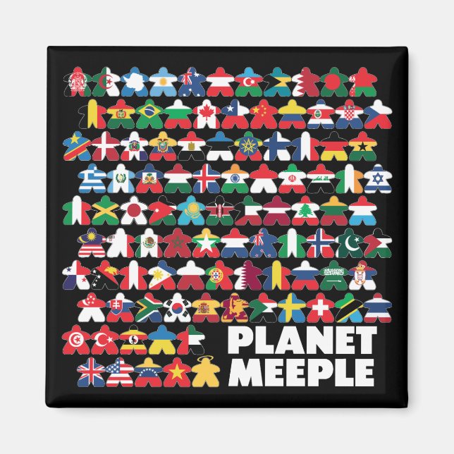 Planet Meeple, White Text Square Magnet (Vorne)