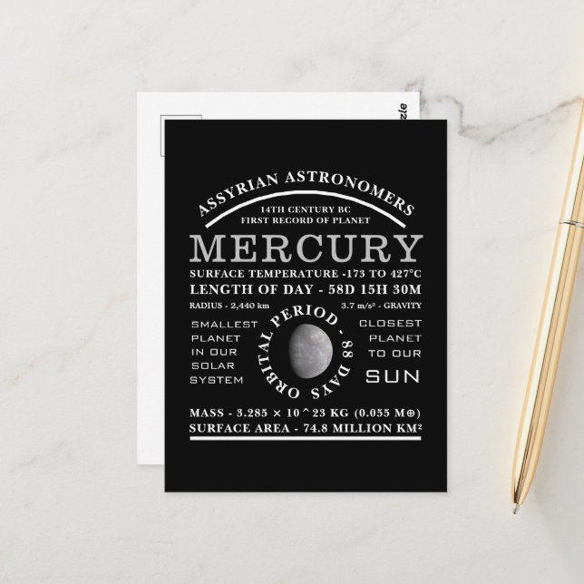 Planet Merkur detaillierte Astronomie Postkarte (Vorderseite/Rückseite Beispiel)