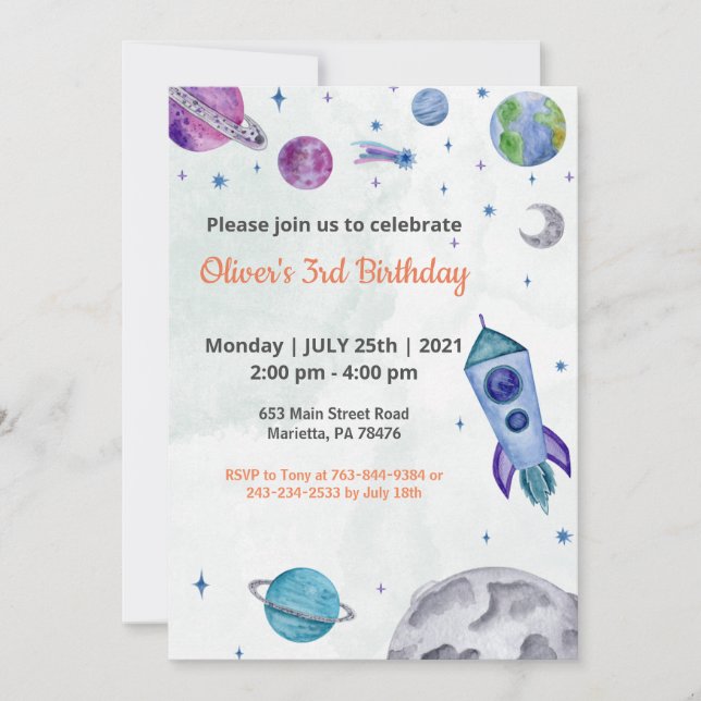 Planet Theme Boy Birthday Einladung (Vorderseite)