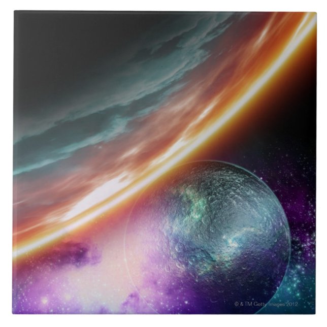 Planet und sein Mond. Computergrafik von Fliese (Vorderseite)