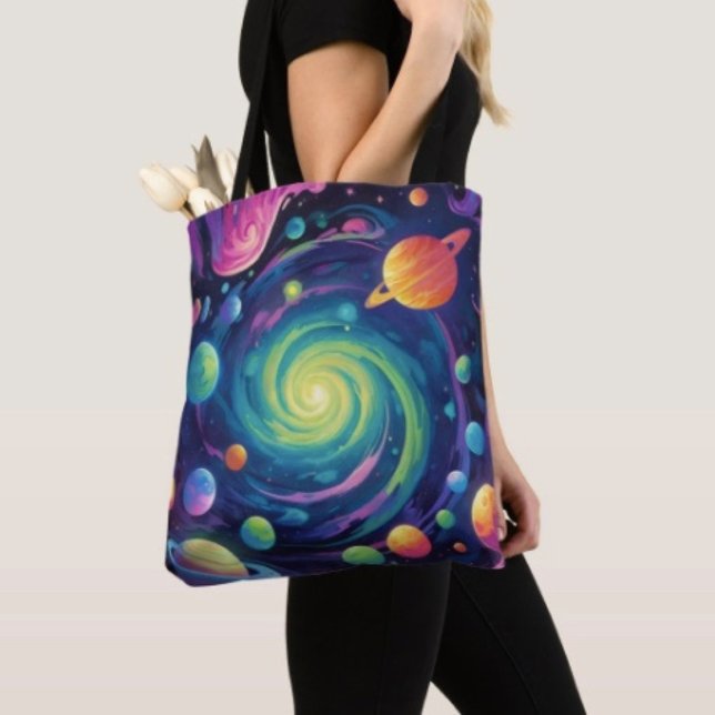 Planetarischer Spin Tasche (Space Tote Bag — 100% polyester, black laminated lining 100% cotton web hand. Made in the USA.)