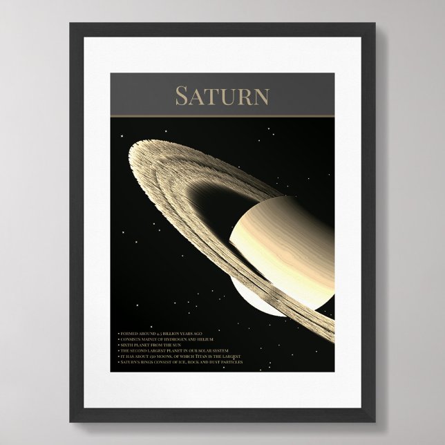 Planète Saturne avec anneaux et faits affiche noir (Créateur téléchargé)