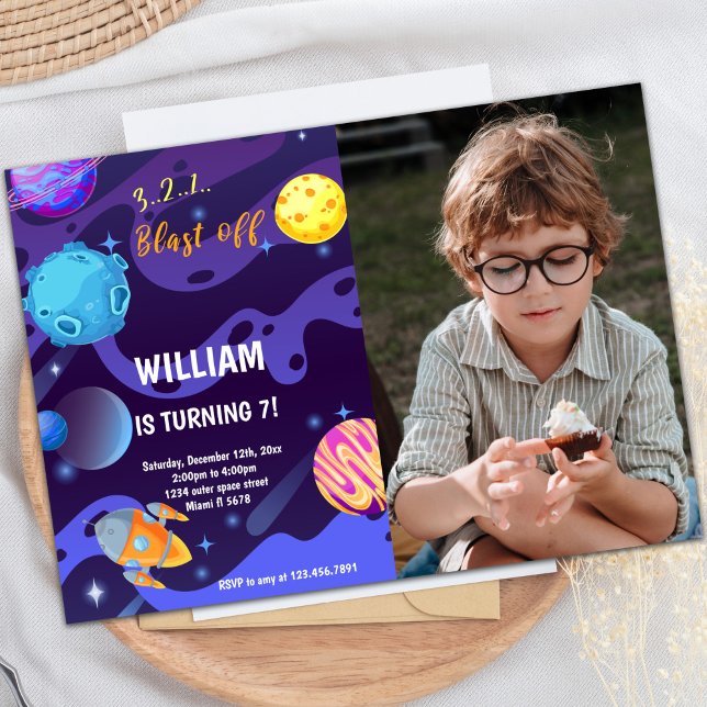 Planeten Geburtstag Einladung mit Foto (Purple Rocket Planets Birthday Invitations w photo)