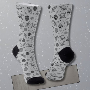 Planeten Raketen graue Kritzelzeichnung Weltraum Socken
