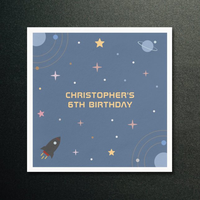 Planeten & Raketen, Weltraum Geburtstag Napkins Serviette (Planets & Rocket, Outer Space Birthday Napkin)