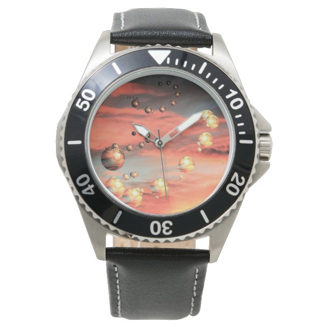 Planeten über schwarzem Leder Armbanduhr (Vorderseite)