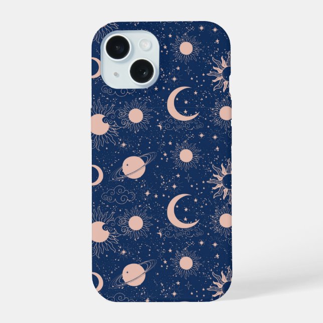 Planeten- und Sternmuster iPhone 15 Hülle (Rückseite)