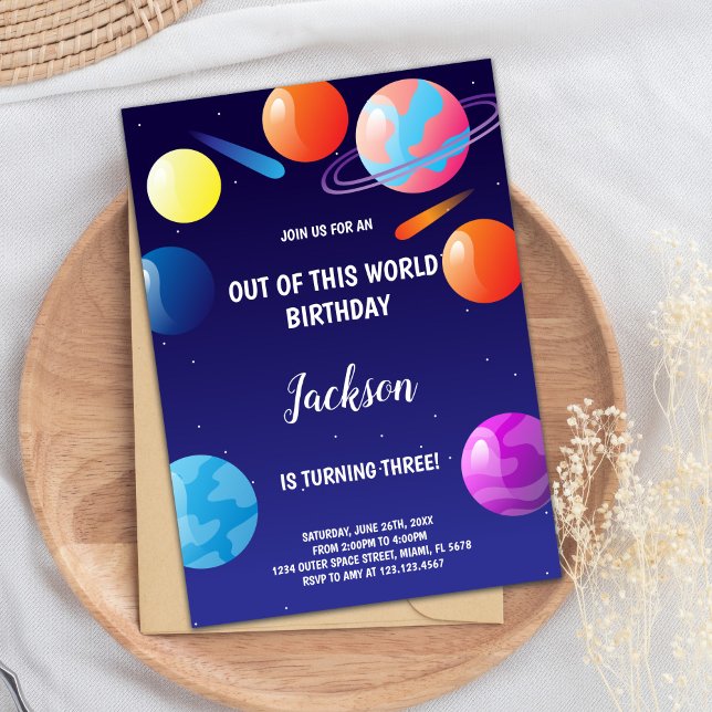 Planeten Weltraumkids-Party laden ein Einladung (Planets Birthday Invitations Purple)