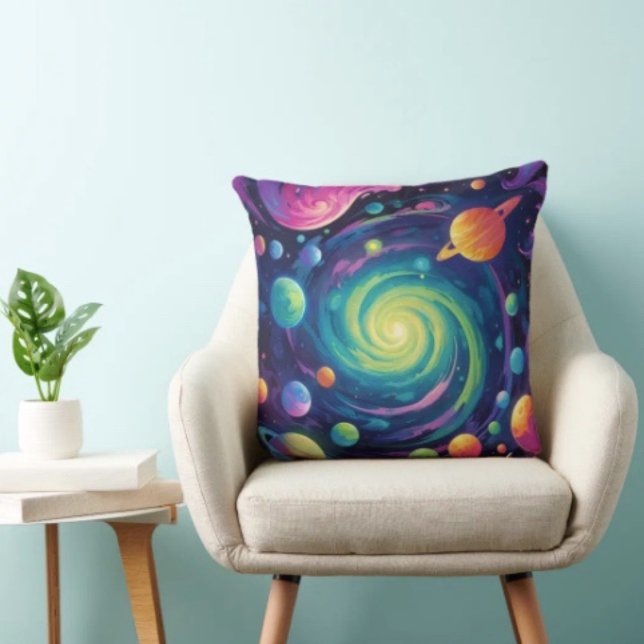 Planetenspin Kissen (Neon Galaxy Space Throw Pillow – Cosmic Spiral Planets Home Decor Trippy Nebula Sofa Cushion Gift)