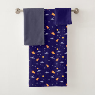 Planètes étoiles motif bleu gris foncé serviette e
