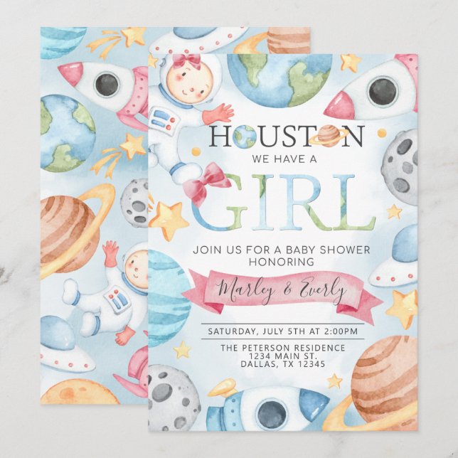 Planètes spatiales Invitation Baby shower fille ro (Devant / Derrière)
