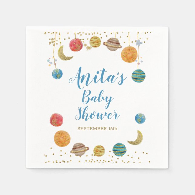 Planets Outdoor Space Baby Showdusche Gold Glitzer Serviette (Vorderseite)