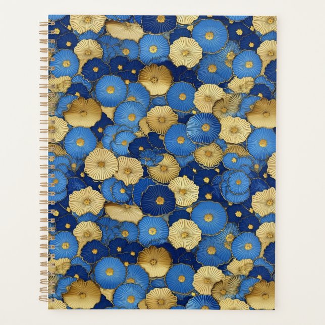 Planificateur de chiyogami Floral Bleu et Or (Devant)