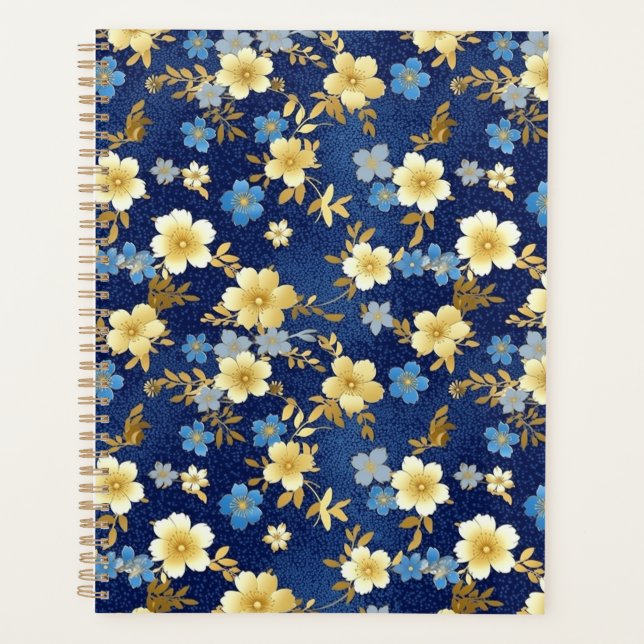 Planificateur de chiyogami floral bleu foncé et or (Devant)