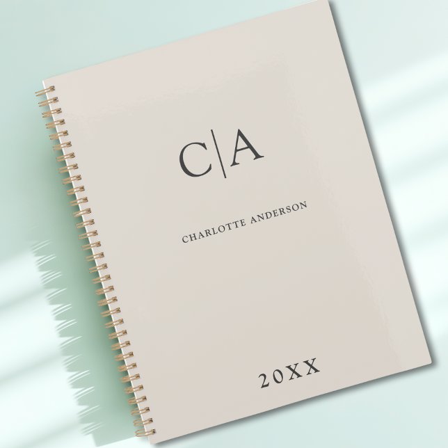 Planificateur d'invitation monogramme simple et él (Simple Elegant Monogram Beige Gray Custom Planner with your Name, Initials or Message)