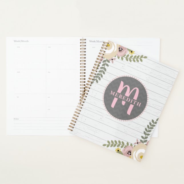 Planificateur en bois gris gris clair monogramme (Devant avec enveloppe)