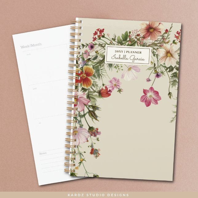 Planificateur Fleur sauvage personnalisé (The front of small planner is shown, and a sample of an inside page. Choose small or standard size.)