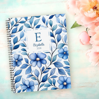Planificateur mensuel et hebdomadaire floral bleu