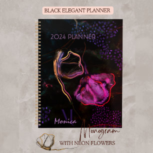 Planificateur noir avec fleurs roses et violettes