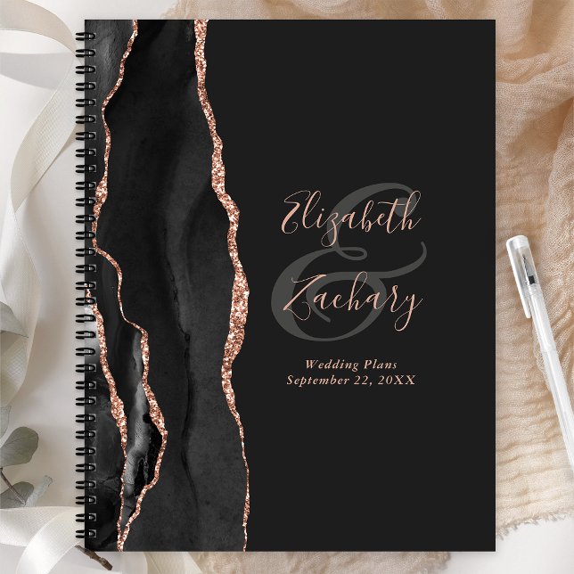 Plans de mariage noir rose or foncé Agate Script (Créateur téléchargé)
