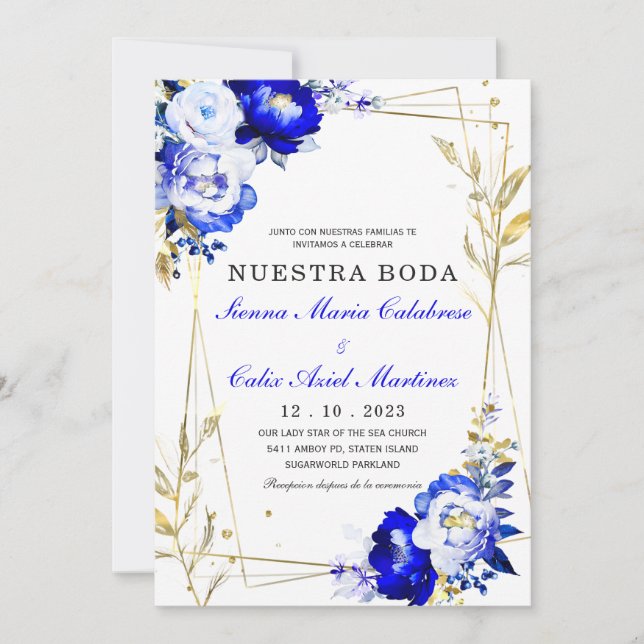 Plantilla de boda en azul real y dorado einladung (Vorderseite)