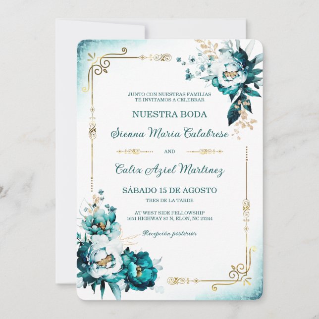 Plantilla de Boda Verde Azulado y Dorado Einladung (Vorderseite)