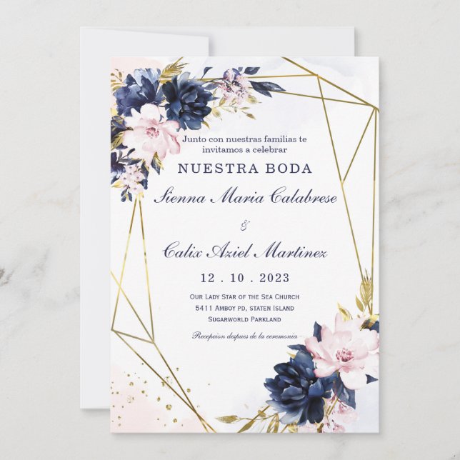 Plantilla de invitación de boda azul real y rubor einladung (Vorderseite)