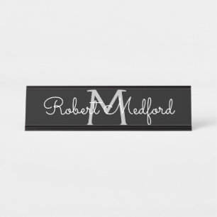 Plaque de bureau à monogramme noir et blanc modern