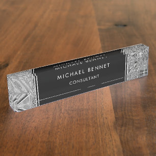 Plaque de bureau en métal argenté monogrammé