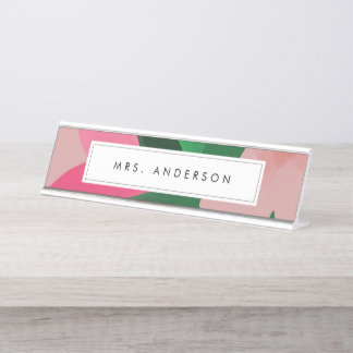 Plaque de nom de bureau rose et vert Floral