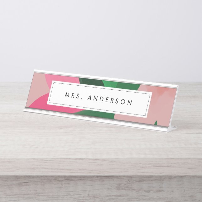 Plaque de nom de bureau rose et vert Floral (Devant)