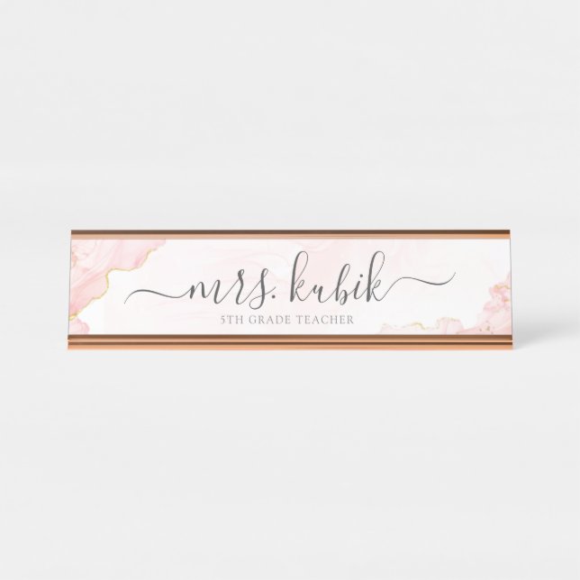 Plaque de nom personnalisable Chic Rose Gold Marbl (Devant)